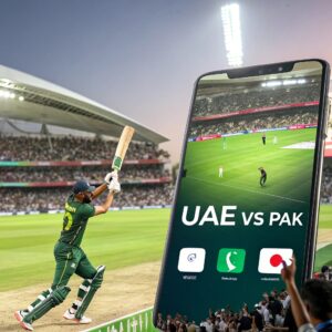 "A split-screen image. On one side, a vibrant cricket stadium filled with cheering fans, showing a close-up of a batsman in action (could be generic, not specific players). On the other side, a mobile phone screen displaying a live cricket score graphic, with 'UAE vs PAK' prominently visible and numbers changing rapidly. The overall feel should be dynamic and exciting."