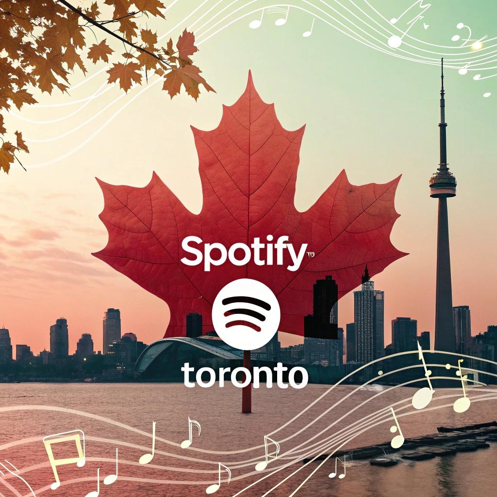 A visually appealing montage or composite image featuring the Spotify logo subtly integrated with iconic Canadian elements. This could include a maple leaf, a silhouette of a Canadian cityscape (like Toronto or Vancouver), or a recognizable Canadian landscape, all with an overlay of musical notes or sound waves.