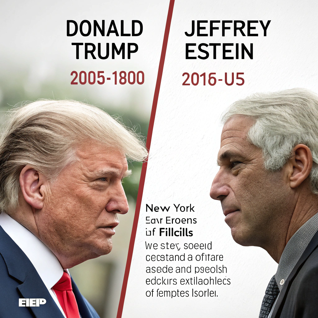 A visually striking graphic that represents the historical connection between Donald Trump and Jeffrey Epstein. This could be a split image showing both figures from earlier years, perhaps with subtle background elements hinting at their shared social scene in places like New York or Florida. Alternatively, it could be a conceptual image showing two distinct paths that once crossed, perhaps with a muted color palette to reflect the sensitive nature of the topic.