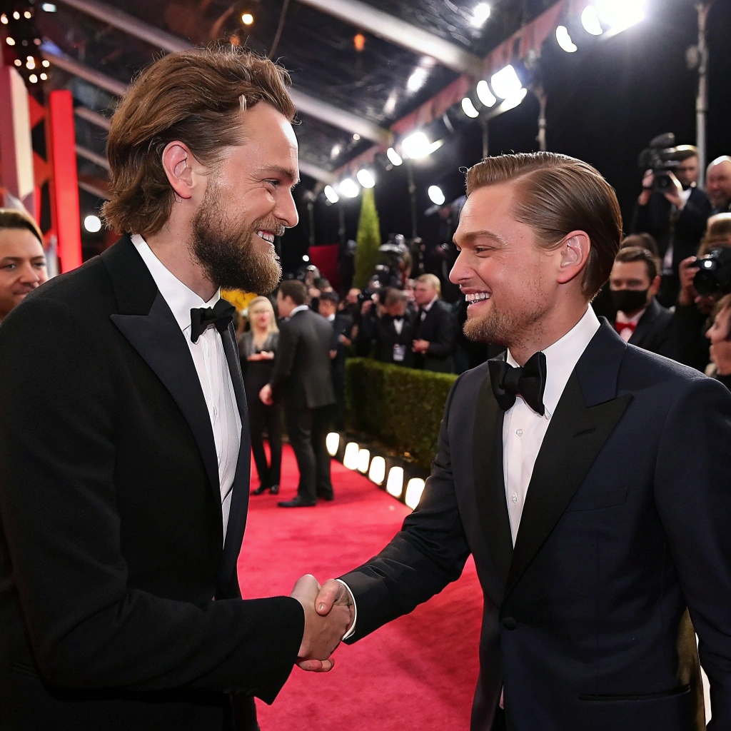 “Hollywood actor Owen Cooper shaking hands with Leonardo DiCaprio on a red carpet, flash photography, celebrity event style.”